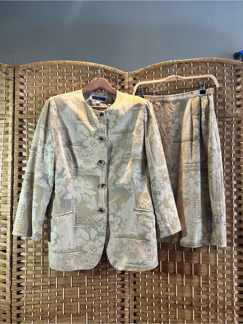 Vintage 90s Rayon Silk Floral Skirt Suit 2 Piece Longline Jacket Size 14